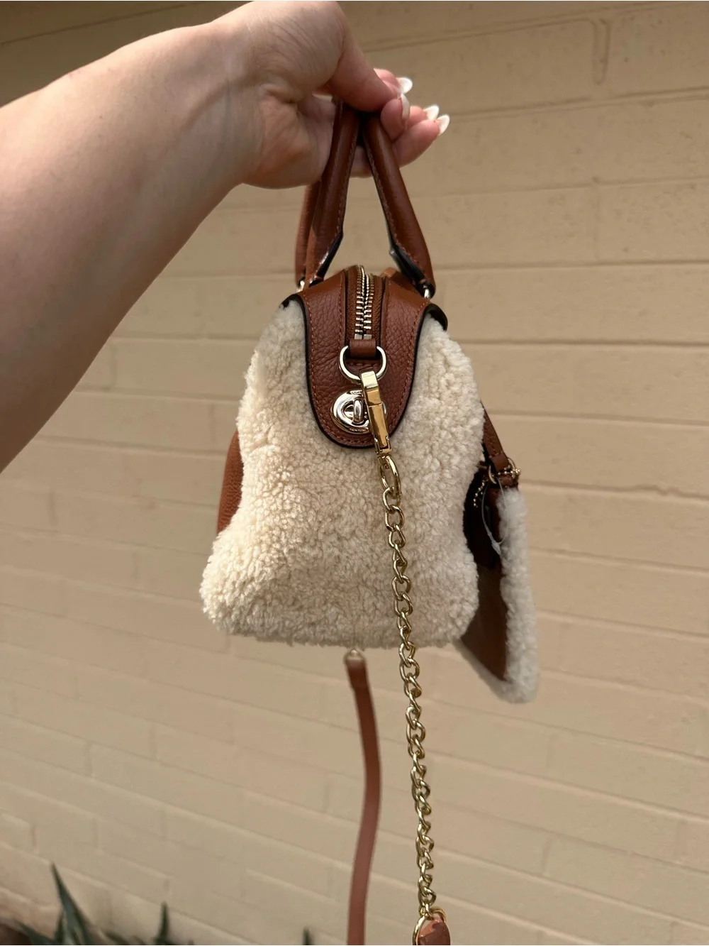 Coach Chestnut Brown Pebbled Leather Satchel with Shearling Trim